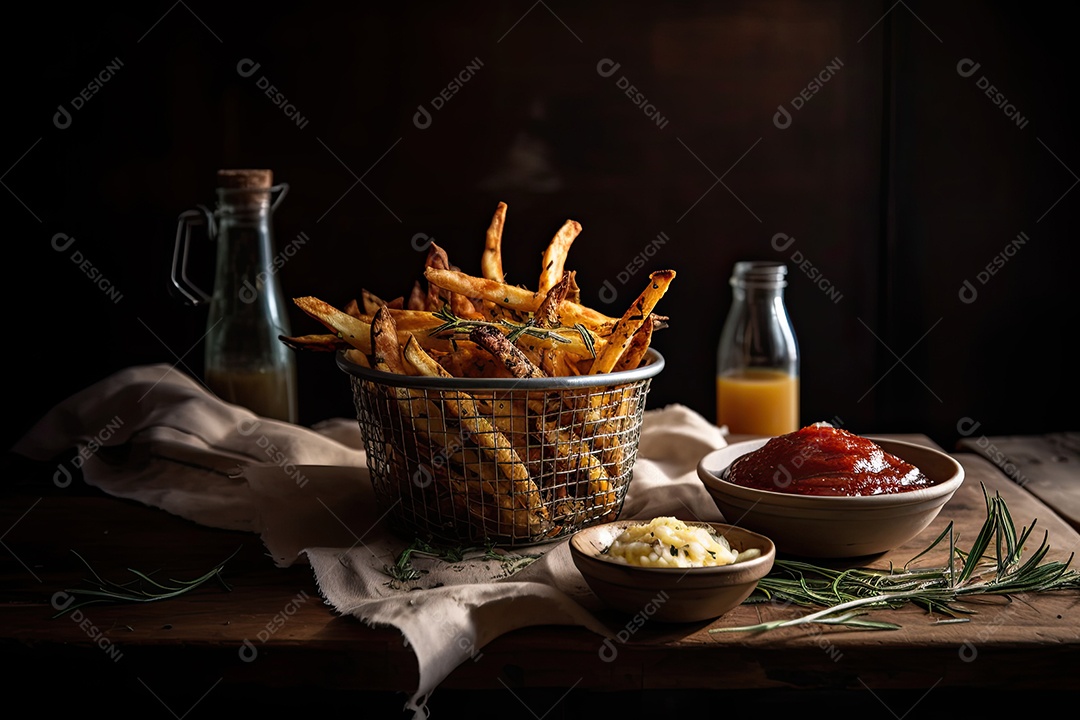 Batatas douradas crocantes tentadoras com molhos.