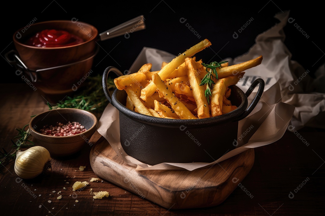 Batatas douradas crocantes tentadoras com molhos.