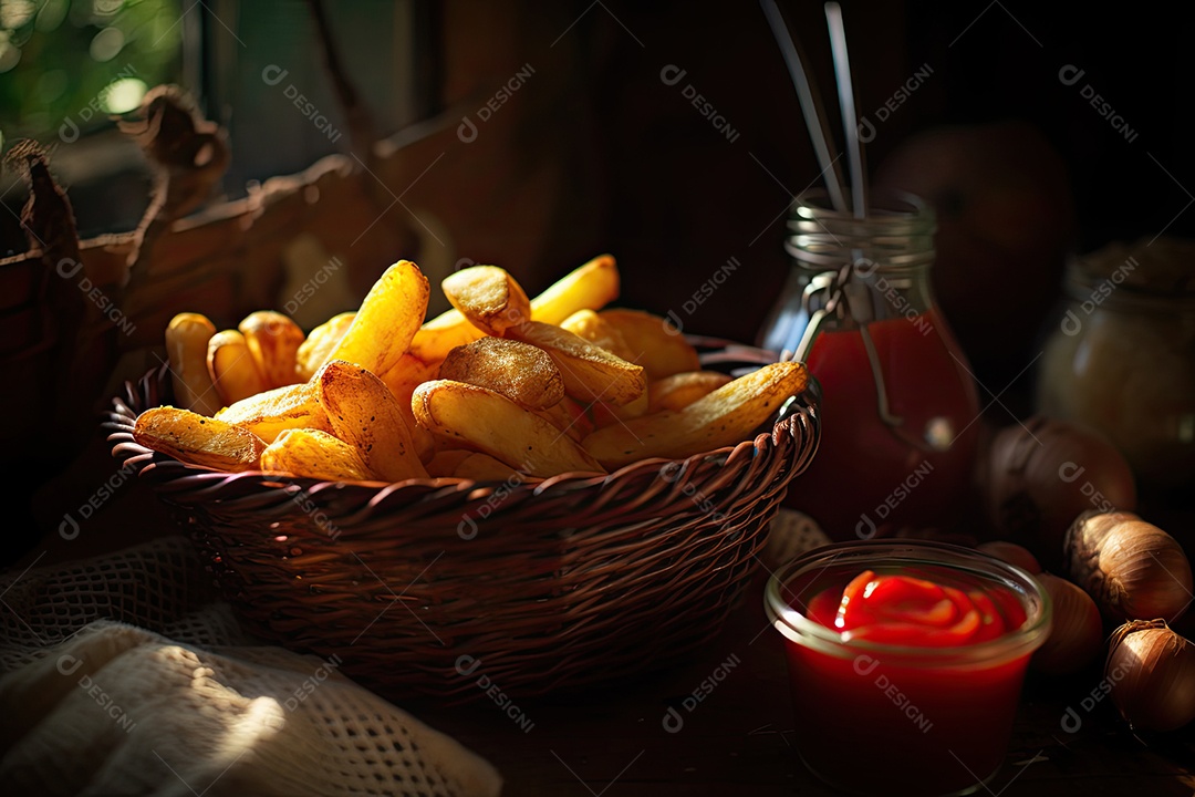 Batatas douradas e crocantes com ketchup. Delicioso!