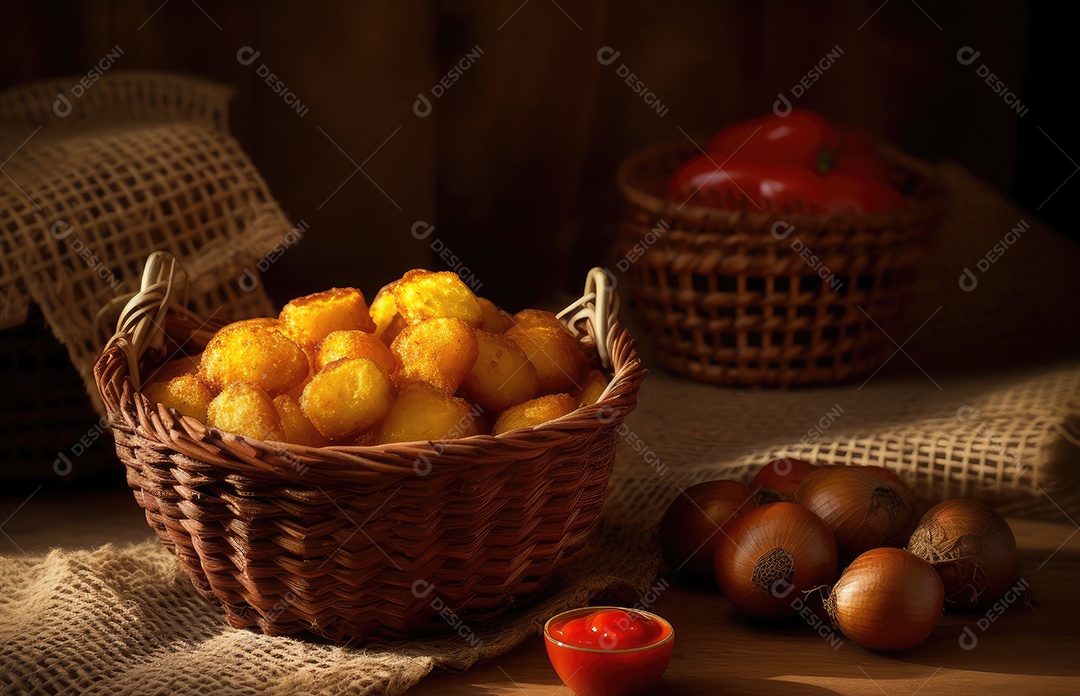 Batatas douradas e crocantes com ketchup. Delicioso!