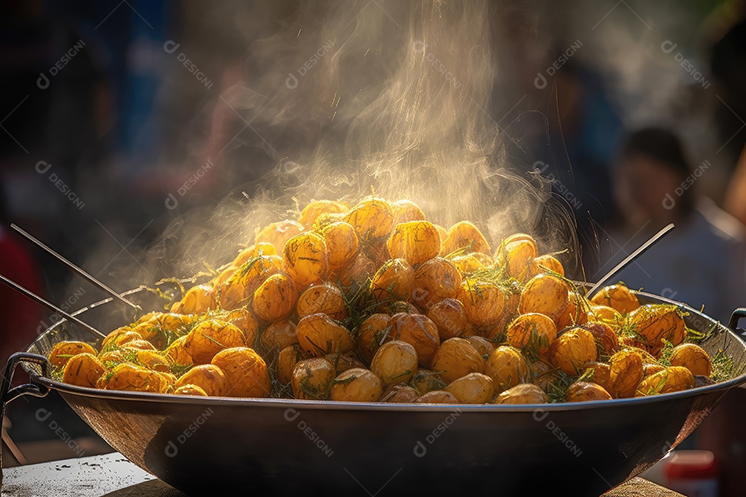 Batatas douradas e crocantes, chiando sob o sol.