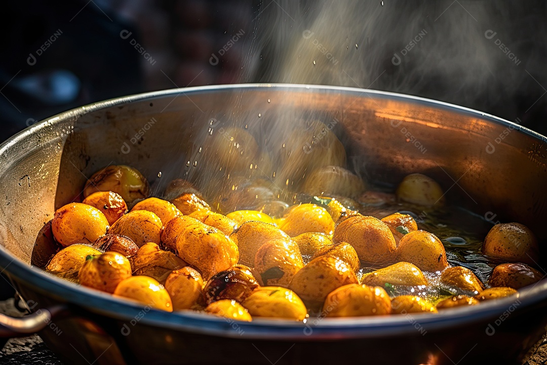 Batatas douradas e crocantes, chiando sob o sol.
