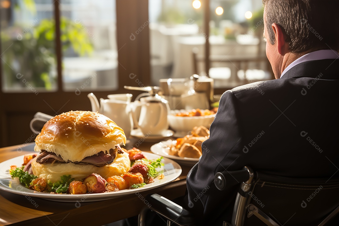 Jovem em cadeira de rodas em uma lanchonete vista lateral