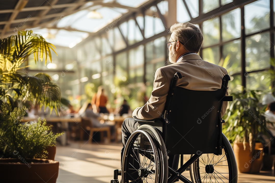 Jovem em cadeira de rodas em uma floricultura vista lateral