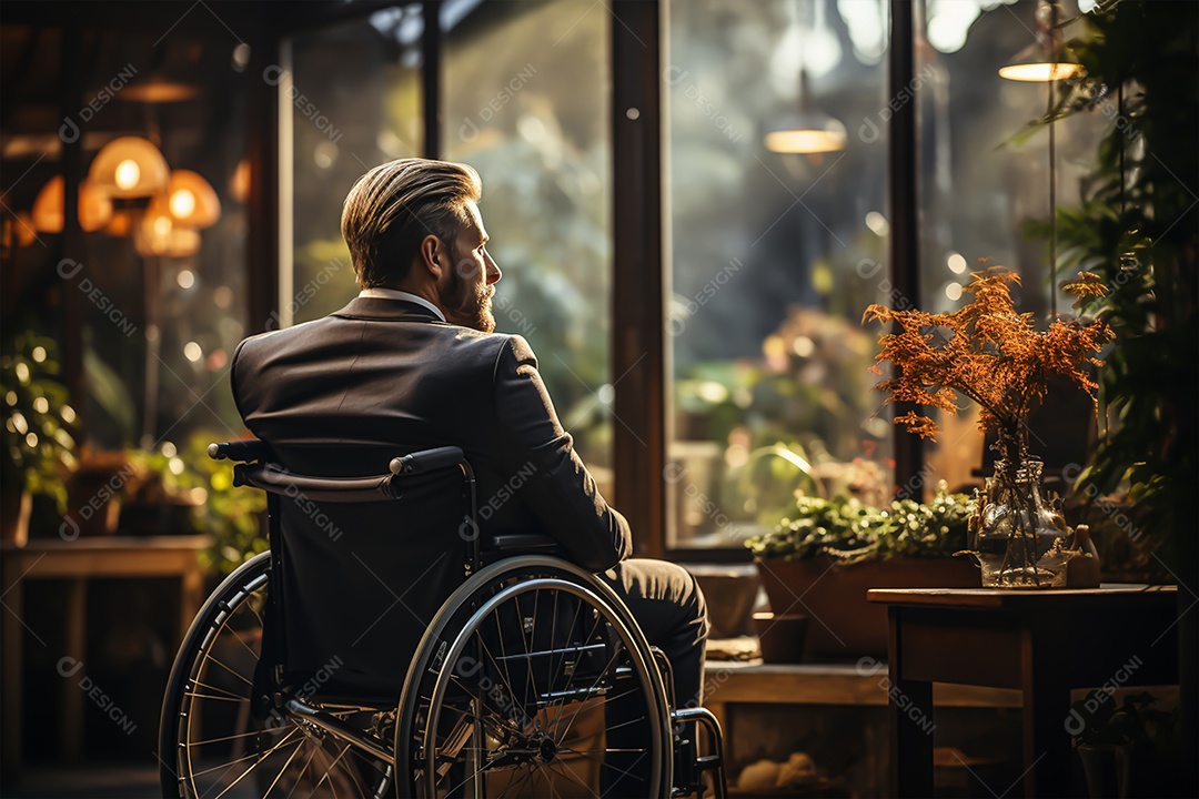 Jovem em cadeira de rodas em uma floricultura vista lateral