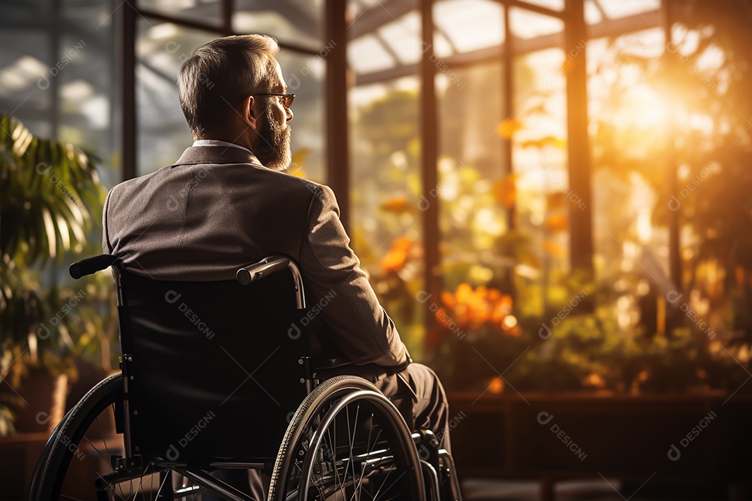 Jovem em cadeira de rodas em uma floricultura vista lateral