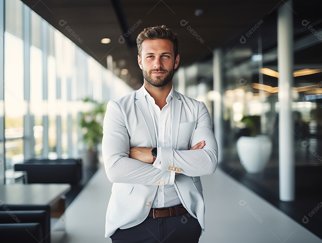 Empresário atraente cruzou os braços sentindo-se positivo e alegre no fundo do escritório moderno