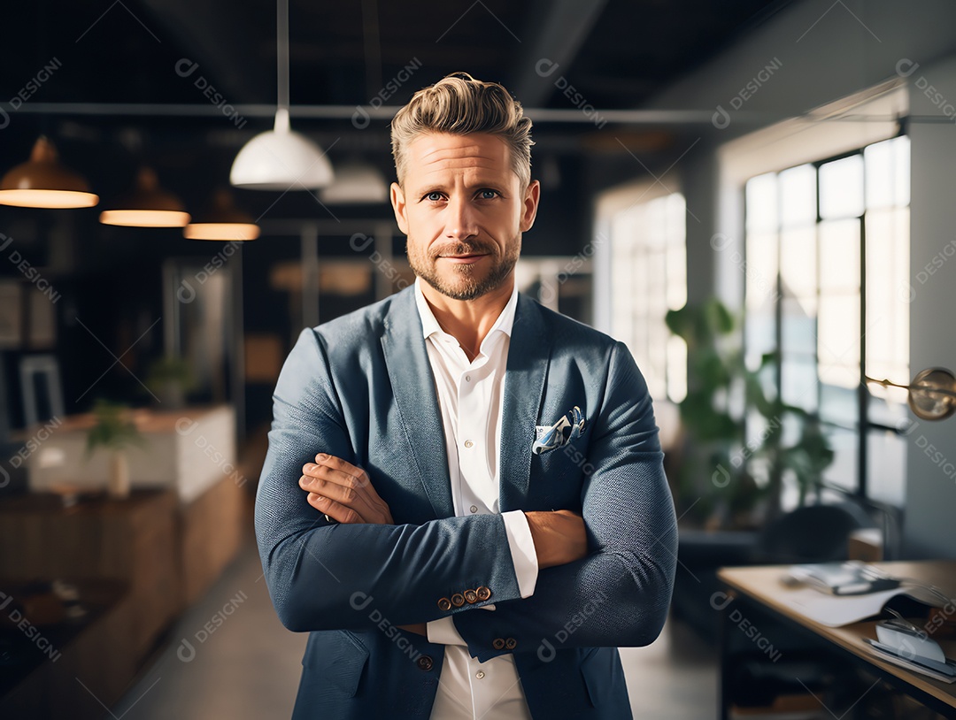 Empresário atraente cruzou os braços sentindo-se positivo e alegre no fundo do escritório moderno