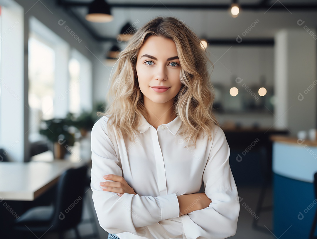 Empresária atraente cruzou os braços sentindo-se positiva e alegre no fundo do escritório moderno, estilo estético