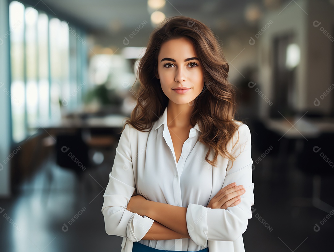 Empresária atraente cruzou os braços sentindo-se positiva e alegre no fundo do escritório moderno, estilo estético