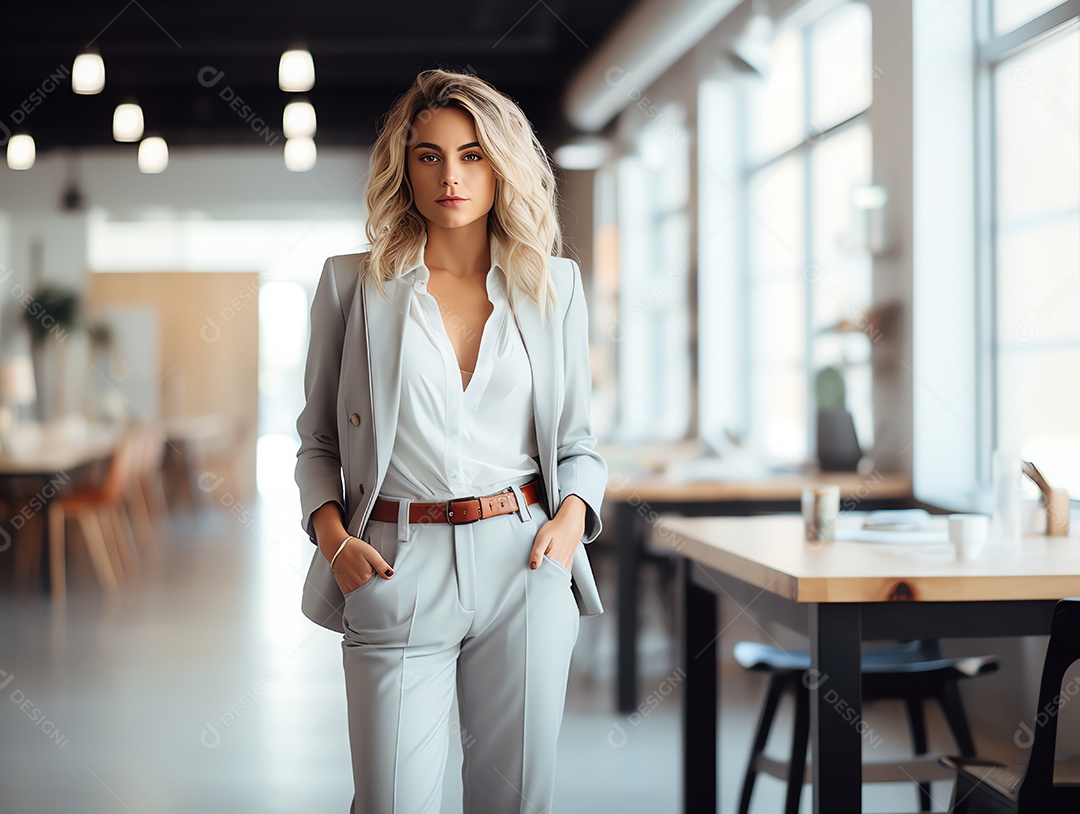 Empresária atraente cruzou os braços sentindo-se positiva e alegre no fundo do escritório moderno, estilo estético