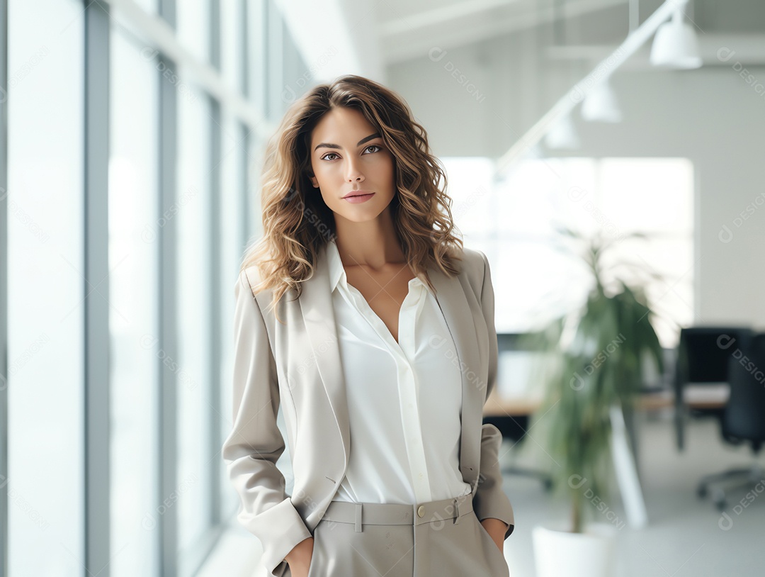 Empresária atraente cruzou os braços sentindo-se positiva e alegre no fundo do escritório moderno, estilo estético