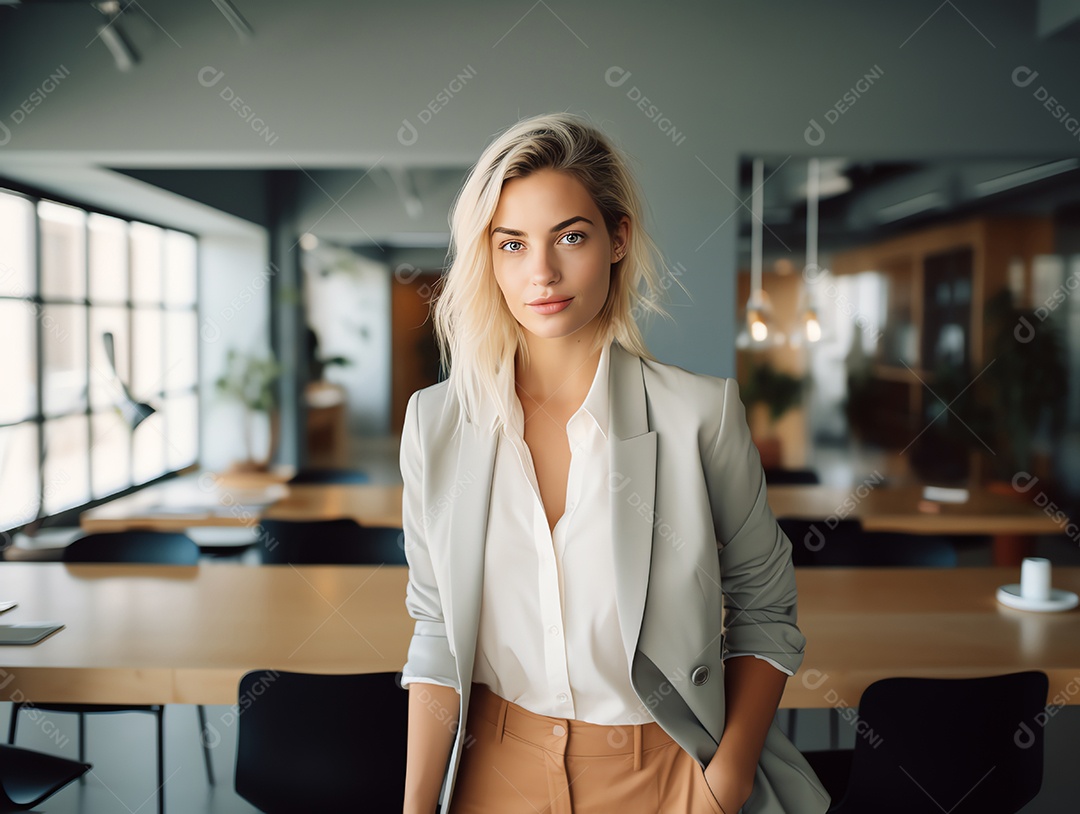 Empresária atraente cruzou os braços sentindo-se positiva e alegre no fundo do escritório moderno, estilo estético
