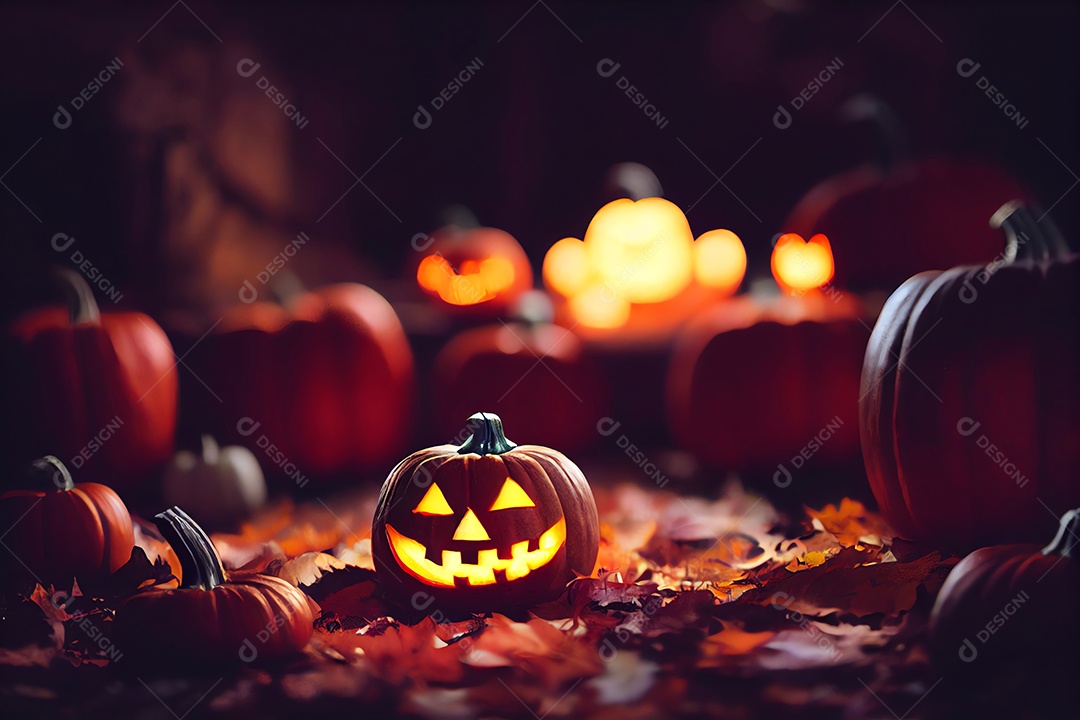 Feliz Halloween com abóbora jack o lantern e luz brilhante no fundo escuro, feriado de outubro