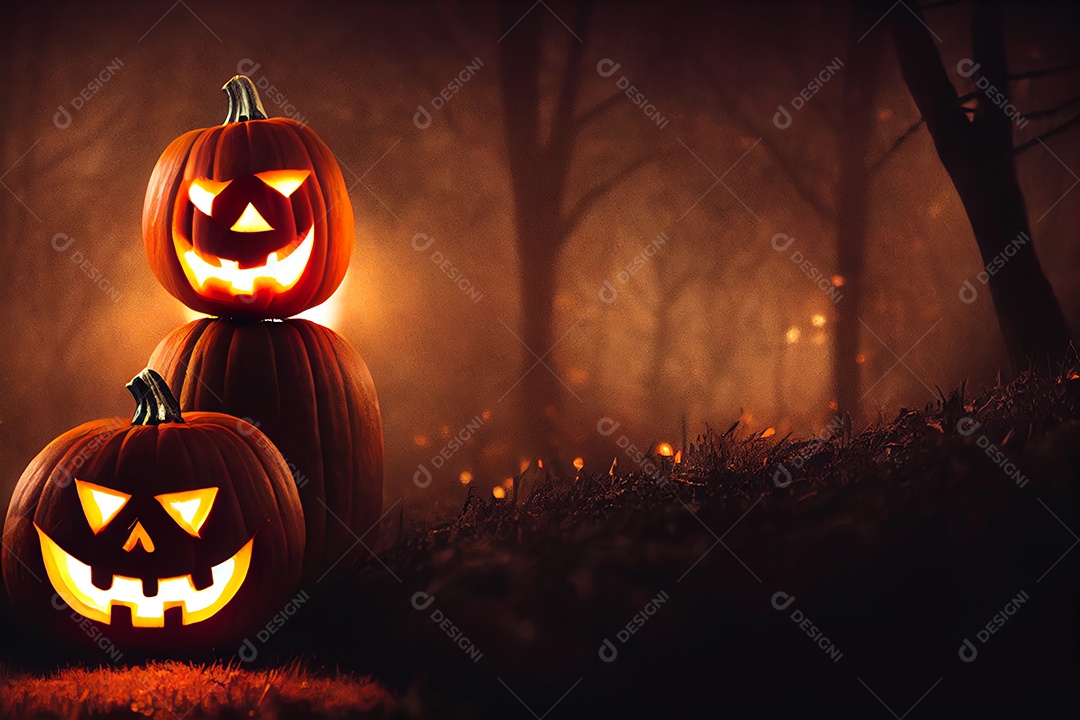 Feliz Halloween com abóbora jack o lantern e luz brilhante no fundo escuro, feriado de outubro