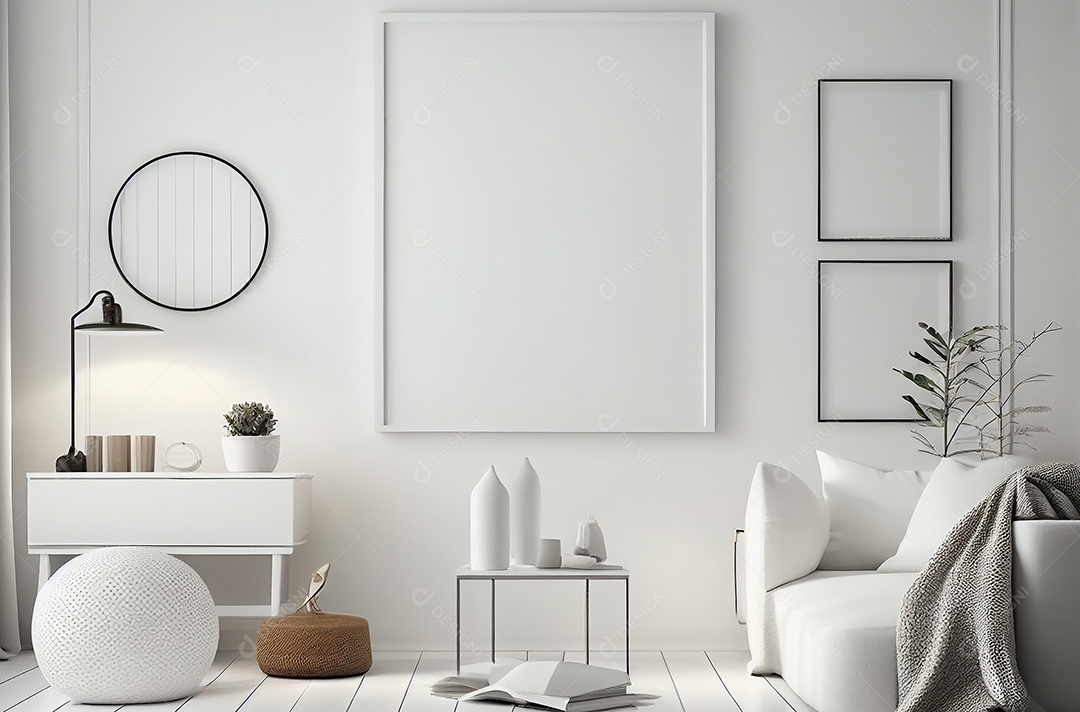 Moldura branca em branco simulada para estilo minimalista de sala escandinava interior, decoração de sala de estar