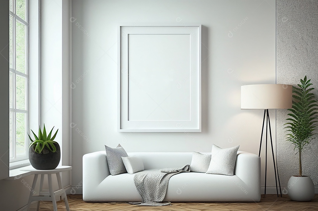 Moldura branca em branco simulada para estilo minimalista de sala escandinava interior, decoração de sala de estar