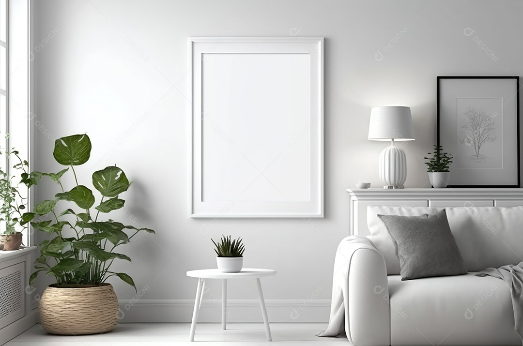 Moldura branca em branco simulada para estilo minimalista de sala escandinava interior, decoração de sala de estar