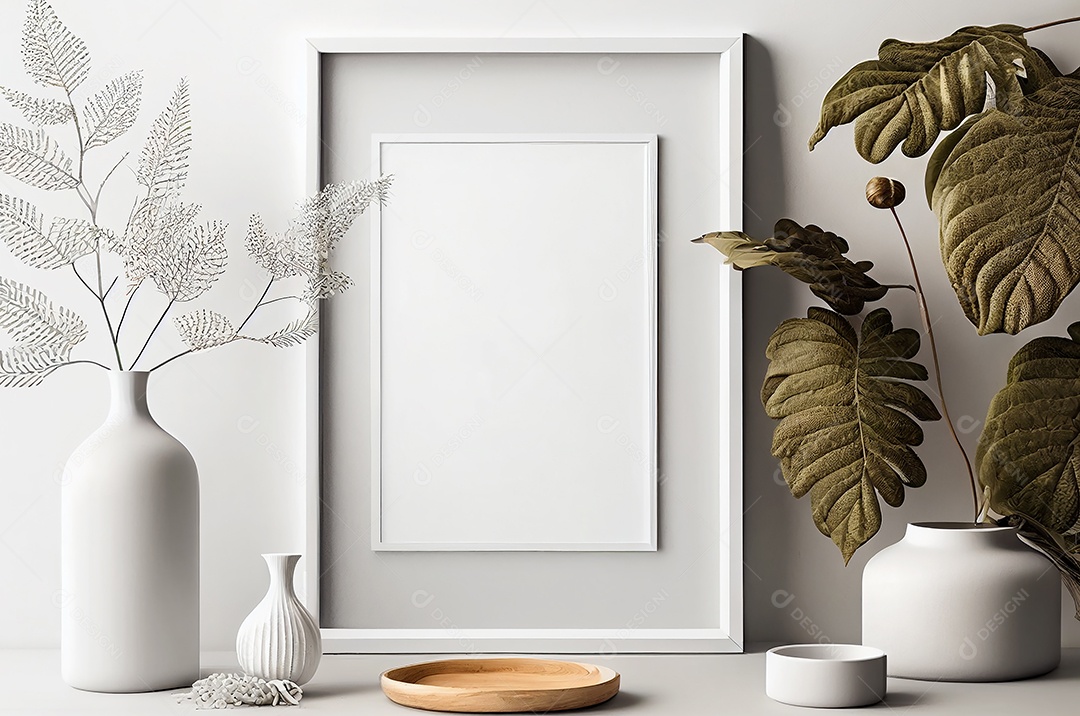 Moldura branca em branco simulada para estilo minimalista de sala escandinava interior, decoração de sala de estar