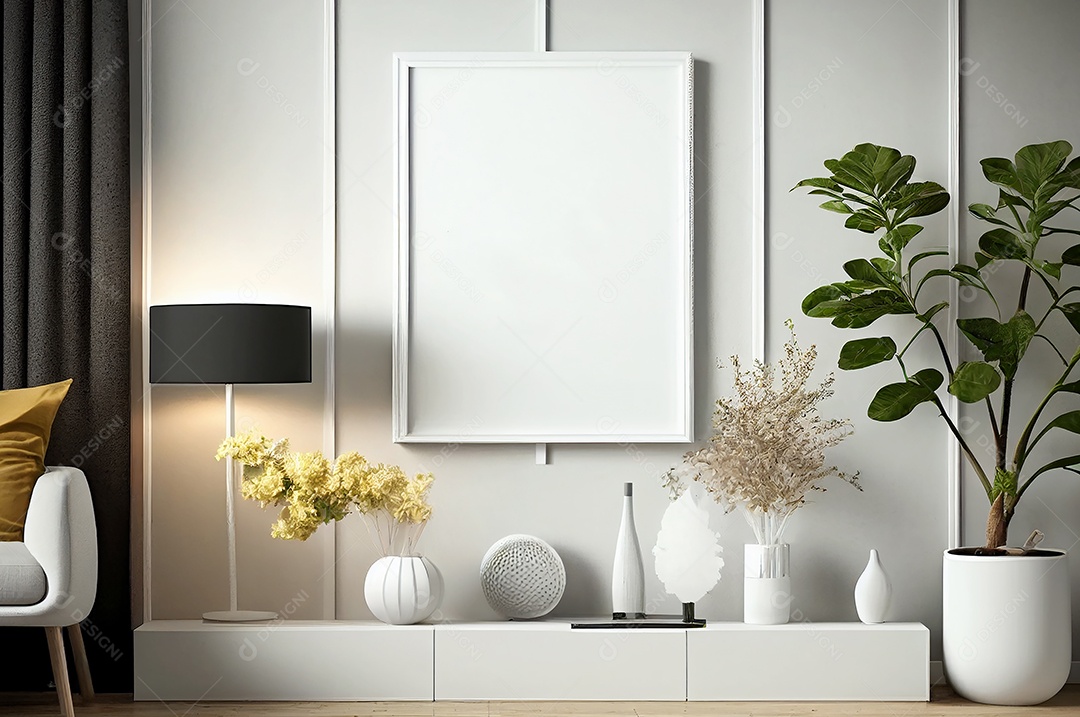 Moldura branca em branco simulada para estilo minimalista de sala escandinava interior, decoração de sala de estar