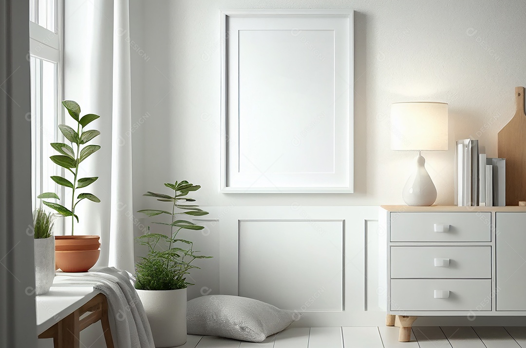 Moldura branca em branco simulada para estilo minimalista de sala escandinava interior, decoração de sala de estar