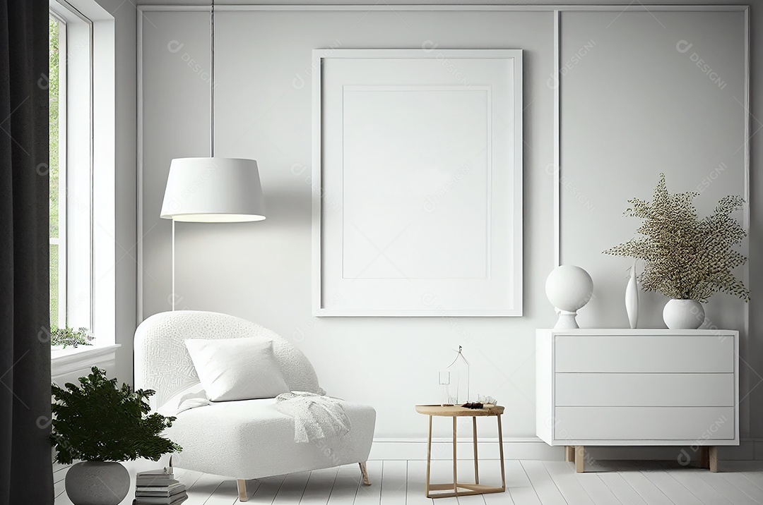 Moldura branca em branco simulada para estilo minimalista de sala escandinava interior, decoração de sala de estar