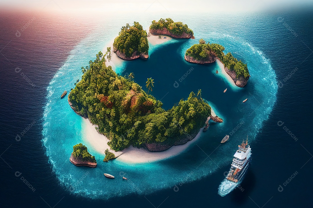 Vista aérea de uma pequena ilha paradisíaca e de um iate para o conceito de viagens de verão