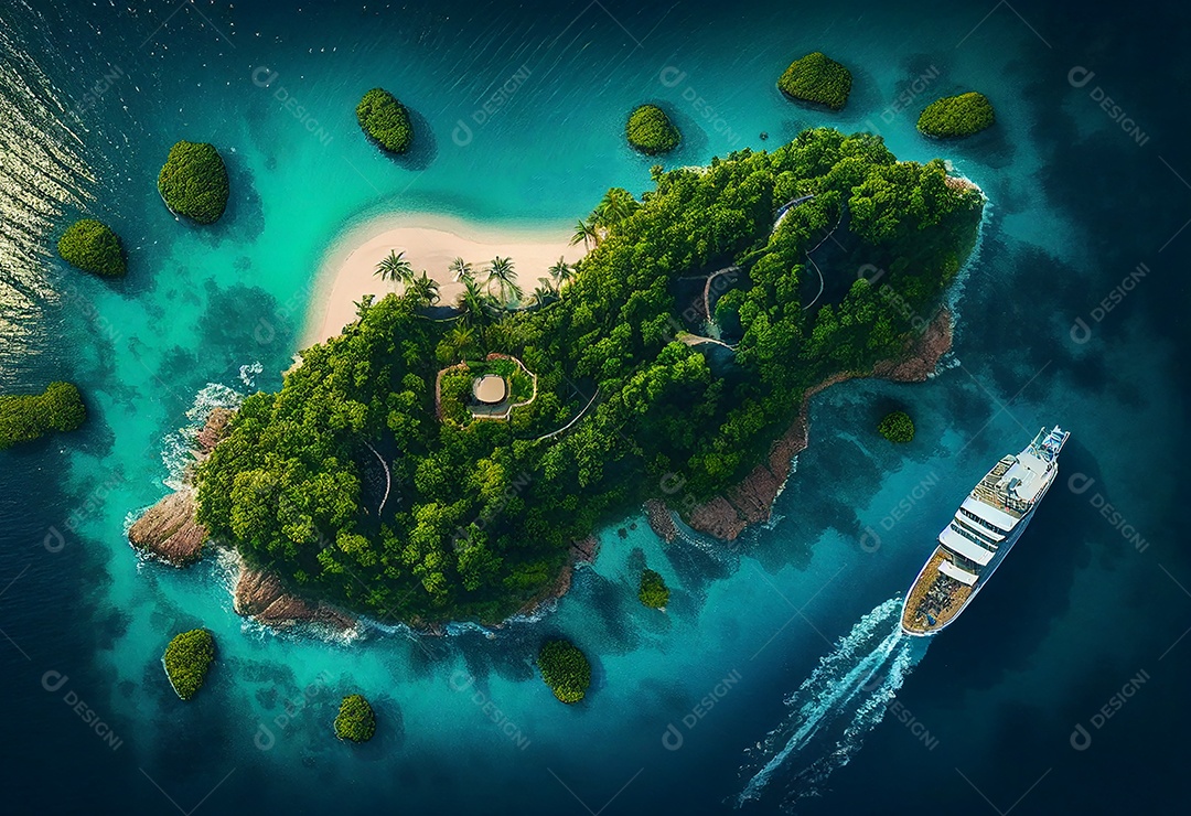 Vista aérea de uma pequena ilha paradisíaca e de um iate para o conceito de viagens de verão