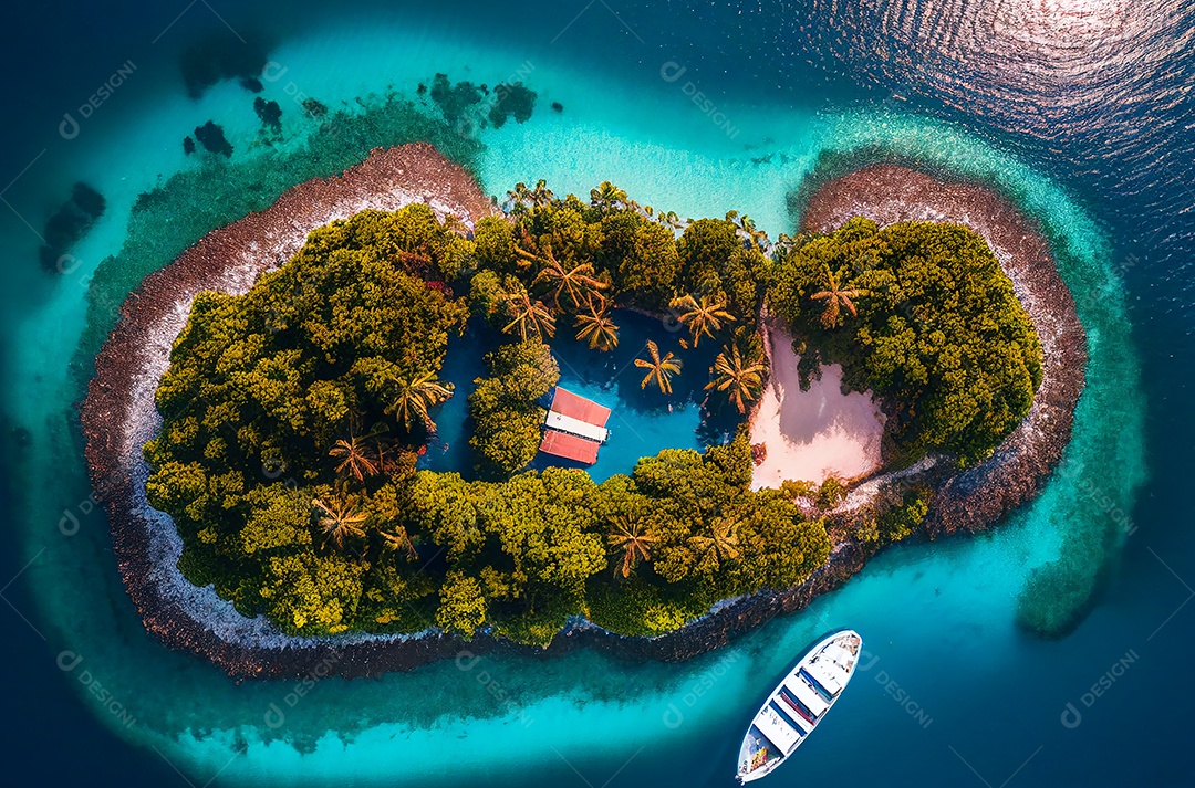 Vista aérea de uma pequena ilha paradisíaca e de um iate para o conceito de viagens de verão