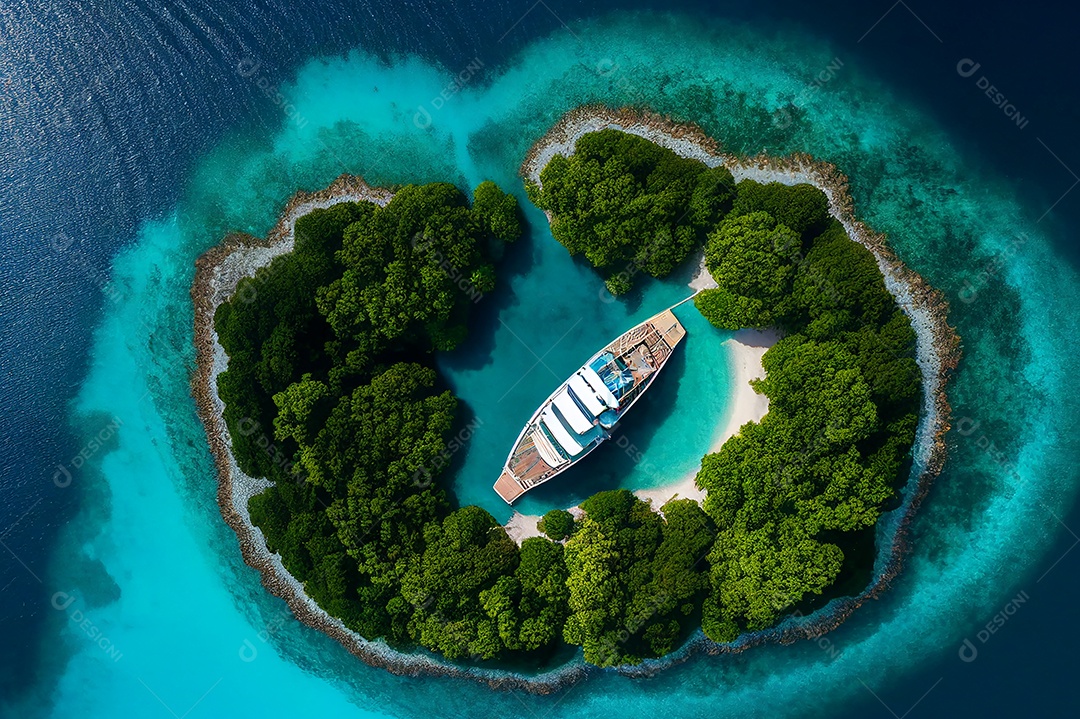 Vista aérea de uma pequena ilha paradisíaca e de um iate para o conceito de viagens de verão