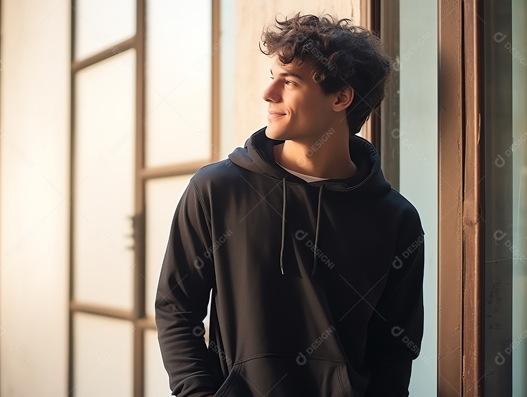 Homem caucasiano atraente usando maquete de capuz preto vazio em branco para modelo de design