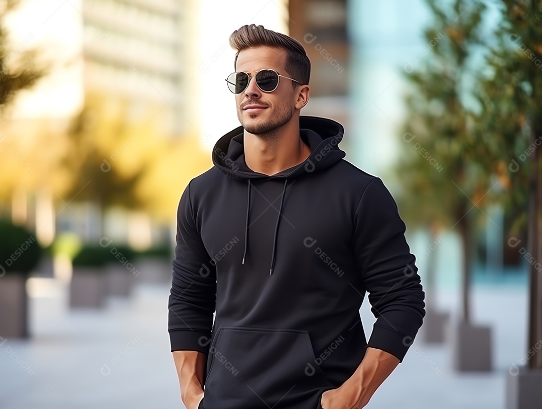 Homem caucasiano atraente usando maquete de capuz preto vazio em branco para modelo de design