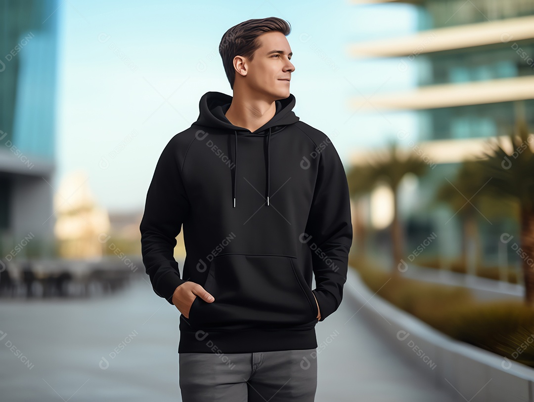 Homem caucasiano atraente usando maquete de capuz preto vazio em branco para modelo de design