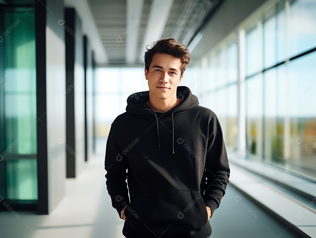 Homem caucasiano atraente usando maquete de capuz preto vazio em branco para modelo de design