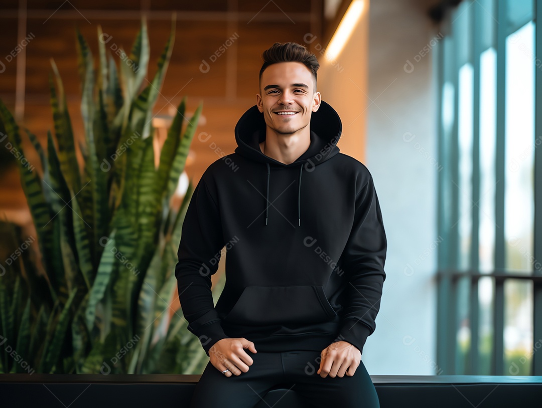 Homem caucasiano atraente usando maquete de capuz preto vazio em branco para modelo de design