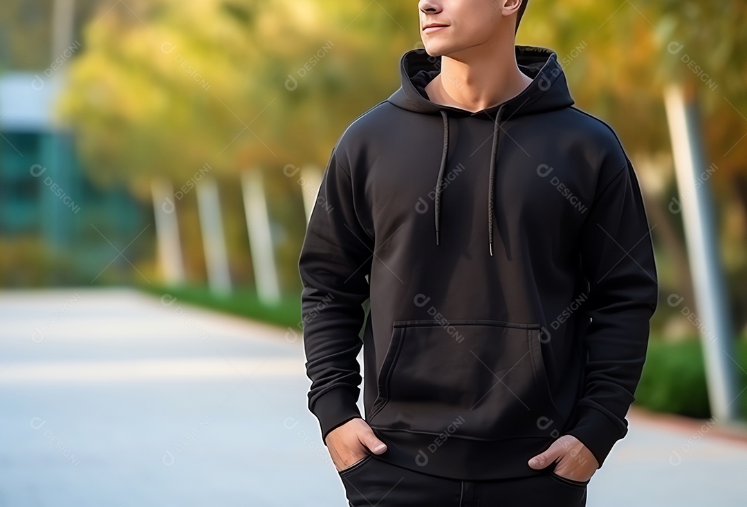 Homem caucasiano atraente usando maquete de capuz preto vazio em branco para modelo de design