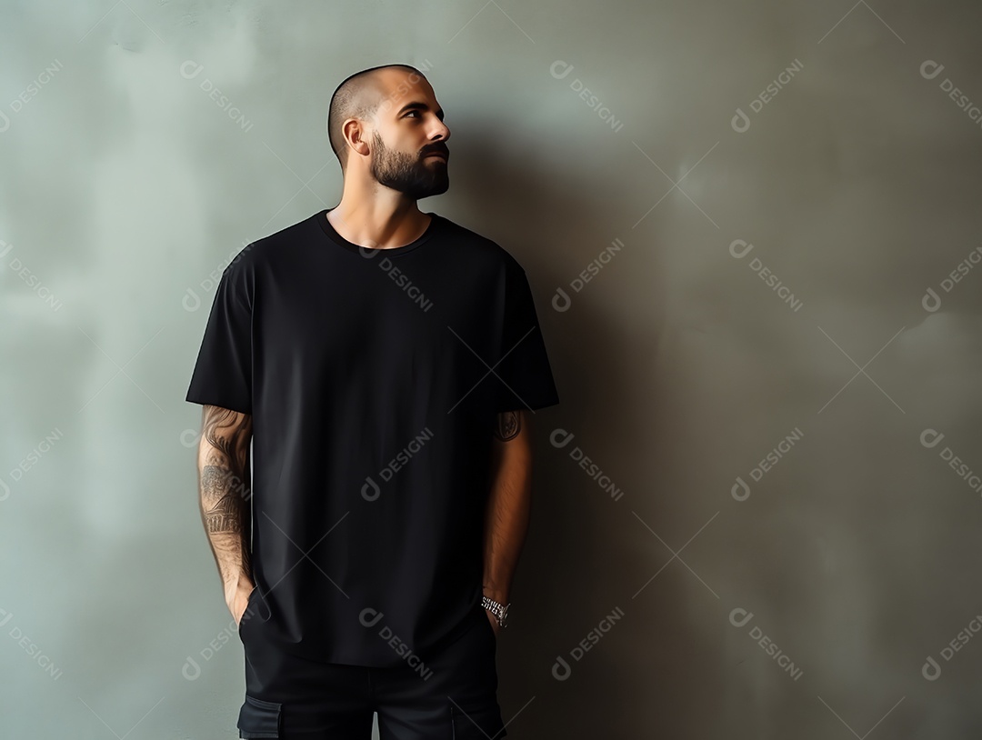 Homem caucasiano atraente usando maquete de camiseta preta vazia em branco para modelo de design