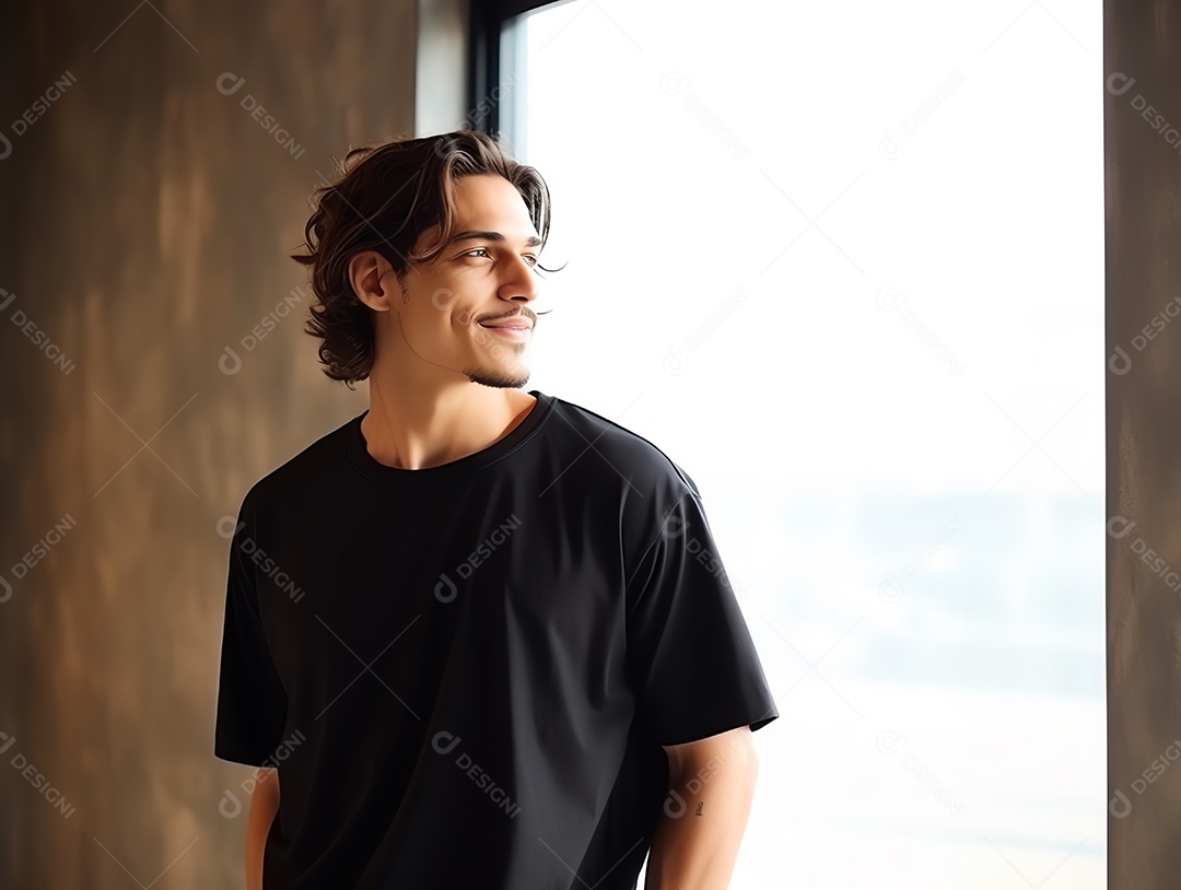 Homem caucasiano atraente usando maquete de camiseta preta vazia em branco para modelo de design