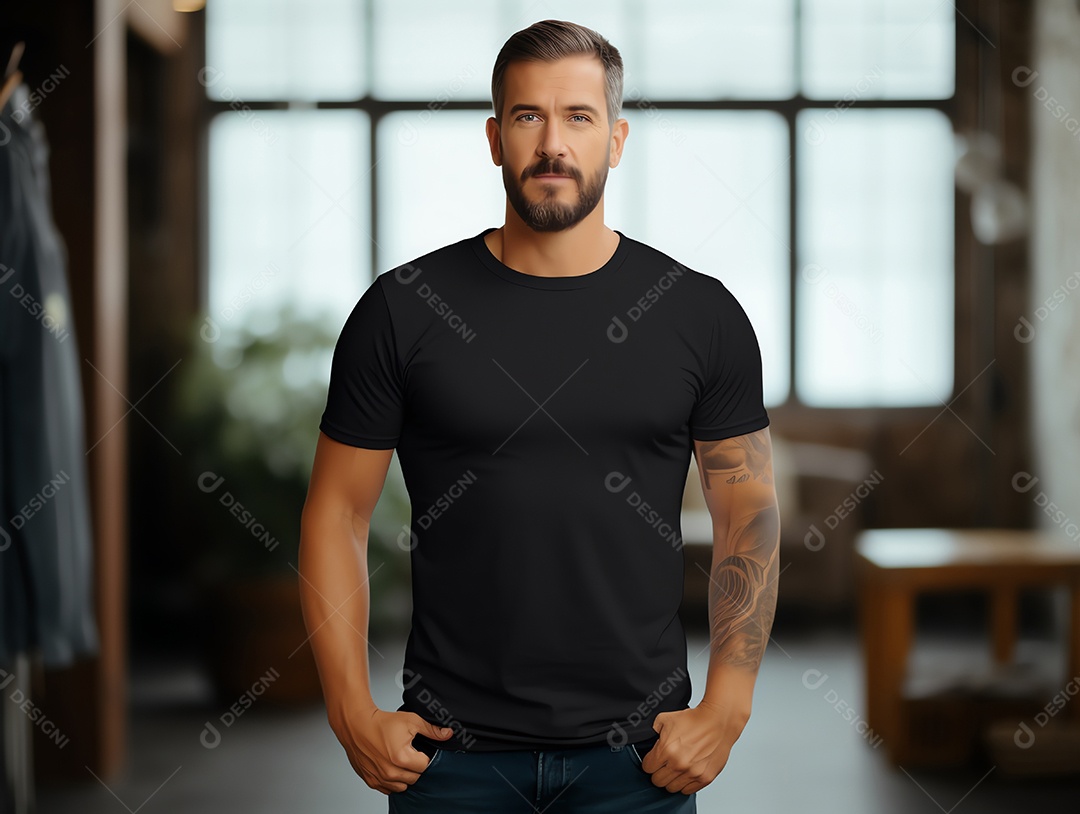 Homem caucasiano atraente usando maquete de camiseta preta vazia em branco para modelo de design