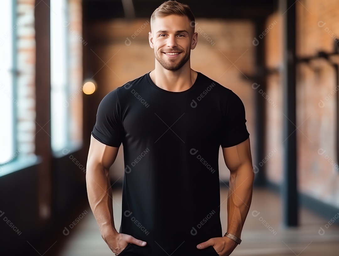 Homem caucasiano atraente usando maquete de camiseta preta vazia em branco para modelo de design