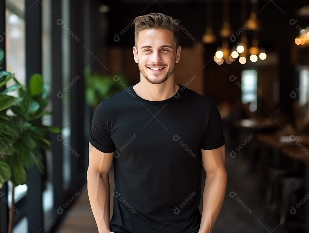 Homem caucasiano atraente usando maquete de camiseta preta vazia em branco para modelo de design