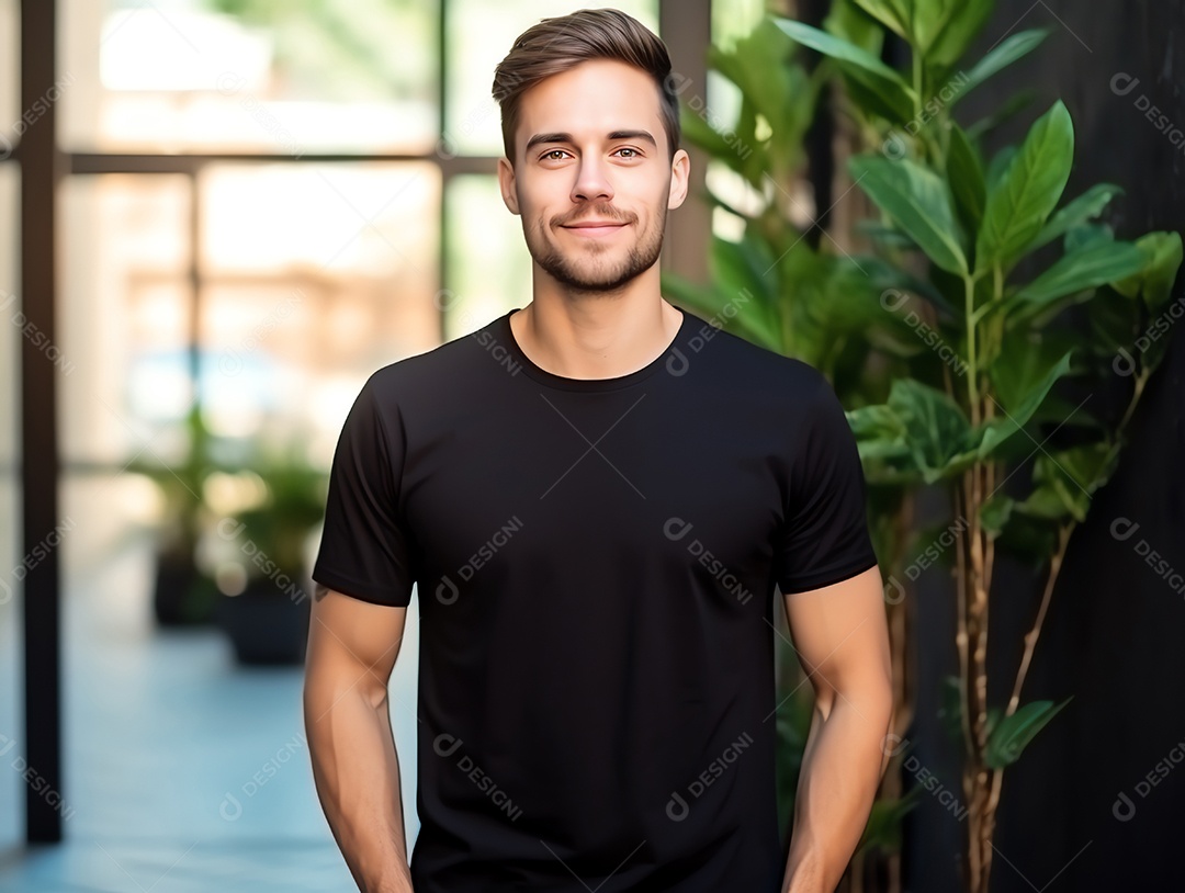 Homem caucasiano atraente usando maquete de camiseta preta vazia em branco para modelo de design