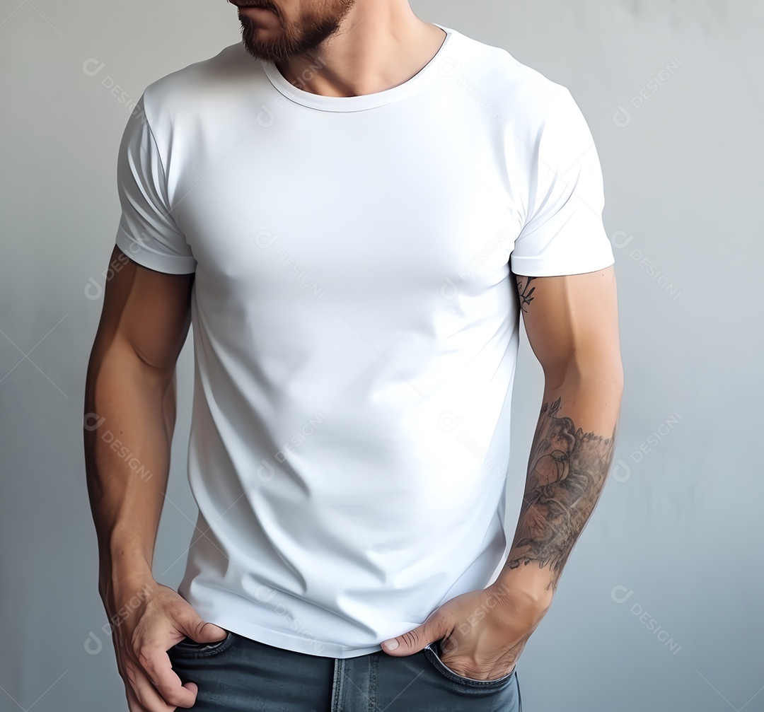 Homem caucasiano atraente usando maquete de camiseta branca vazia em branco para modelo de design