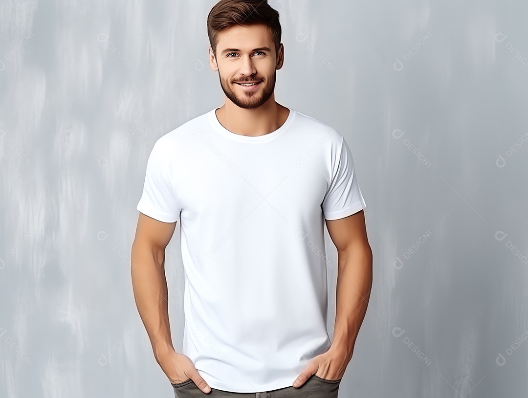 Homem caucasiano atraente usando maquete de camiseta branca vazia em branco para modelo de design