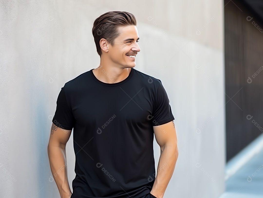 Homem caucasiano atraente usando maquete de camiseta preta vazia em branco para modelo de design