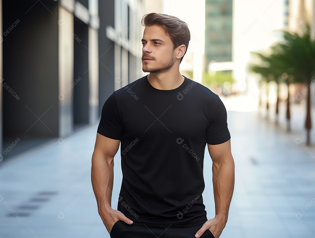 Homem caucasiano atraente usando maquete de camiseta preta vazia em branco para modelo de design