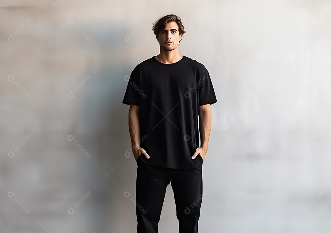 Homem caucasiano atraente usando maquete de camiseta preta vazia em branco para modelo de design