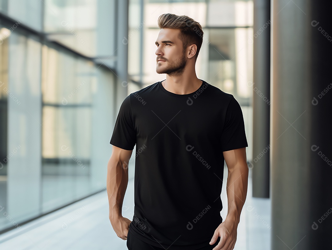 Homem caucasiano atraente usando maquete de camiseta preta vazia em branco para modelo de design