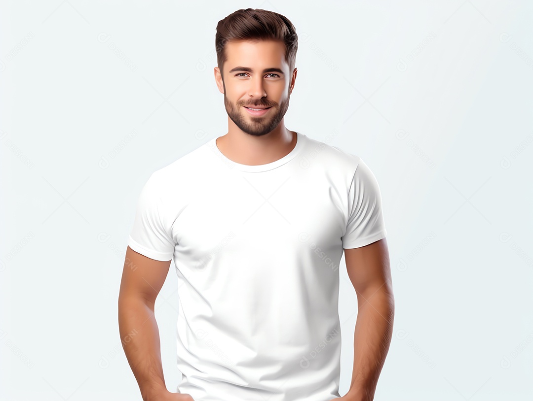 Homem caucasiano atraente usando maquete de camiseta branca vazia em branco para modelo de design