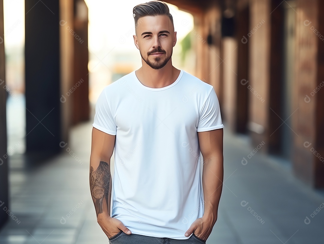 Homem caucasiano atraente usando maquete de camiseta branca vazia em branco para modelo de design